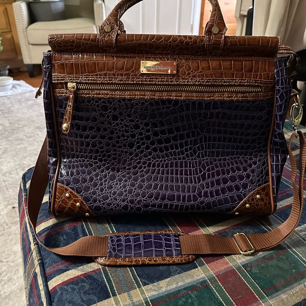 Elegant Purple and Brown Laptop Bag with Crocodile Texture